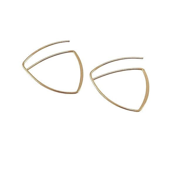 Gold Open Hoops Triangle Shape, Minimalist Earrings, Arch Earrings, Thin Hammere - Picture 7 of 8